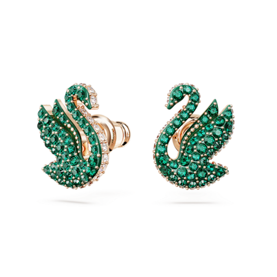 Resim Swan düğme Küpeler, Kuğu, Yeşil, Pembe altın rengi kaplama