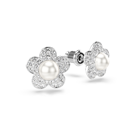 Resim Ariana Grande x Swarovski düğme Küpeler, Kristal inci, Yuvarlak kesim, Çiçek, Beyaz, Rodyum kaplama