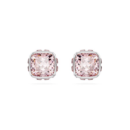 Resim Birthstone düğme Küpeler, Kare kesim, Haziran, Pembe, Rodyum kaplama