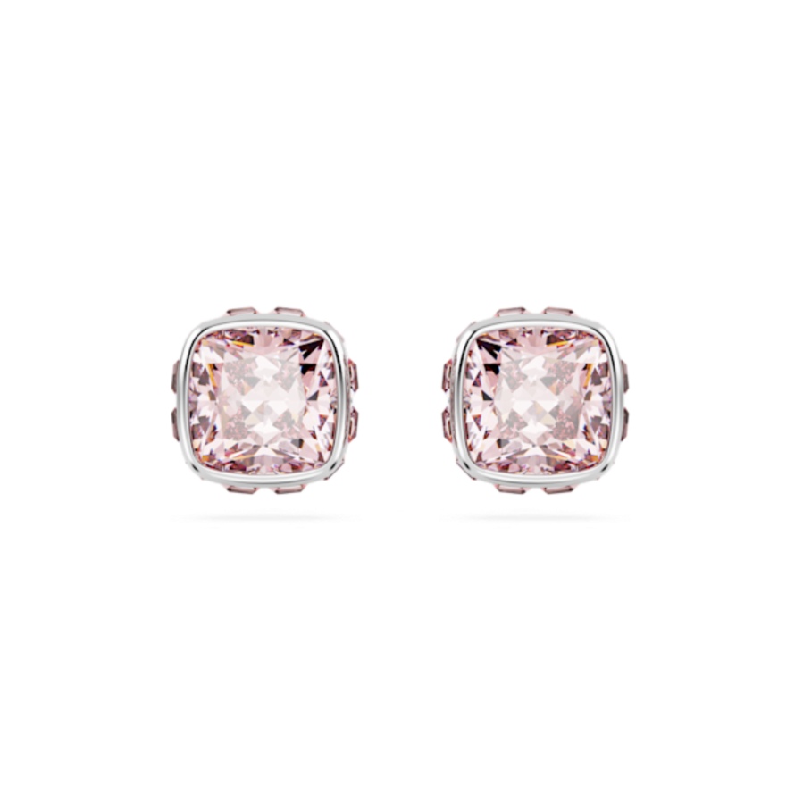 Resim Birthstone düğme Küpeler, Kare kesim, Haziran, Pembe, Rodyum kaplama