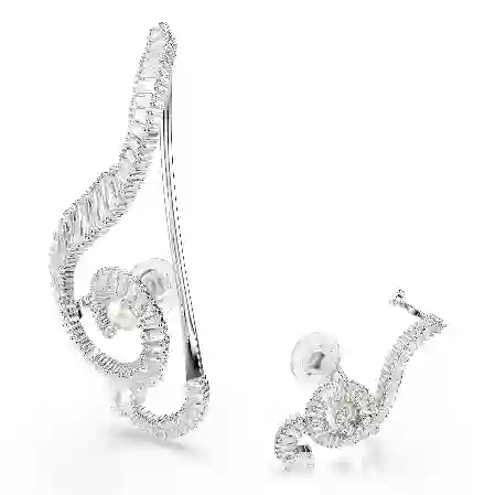 Resim Ariana Grande x Swarovski Klipsli Küpeler, Asimetrik tasarım, Kristal inci, Baget kesim, Beyaz, Rodyum kaplama