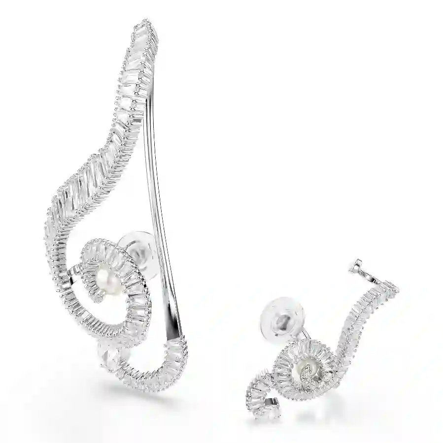 Resim Ariana Grande x Swarovski Klipsli Küpeler, Asimetrik tasarım, Kristal inci, Baget kesim, Beyaz, Rodyum kaplama