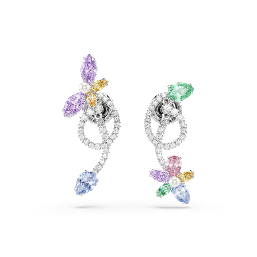 Resim Ariana Grande x Swarovski Kulak gömlekli damla küpe, Karışık kesimler, Yusufçuk, çiçek, Çok renkli, Rodyum kaplama