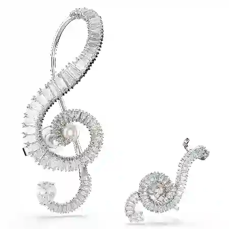 Resim Ariana Grande x Swarovski Klipsli Küpeler, Asimetrik tasarım, Kristal inci, Baget kesim, Beyaz, Rodyum kaplama