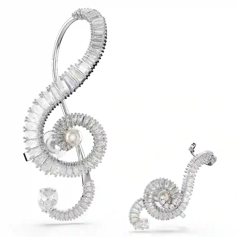 Resim Ariana Grande x Swarovski Klipsli Küpeler, Asimetrik tasarım, Kristal inci, Baget kesim, Beyaz, Rodyum kaplama
