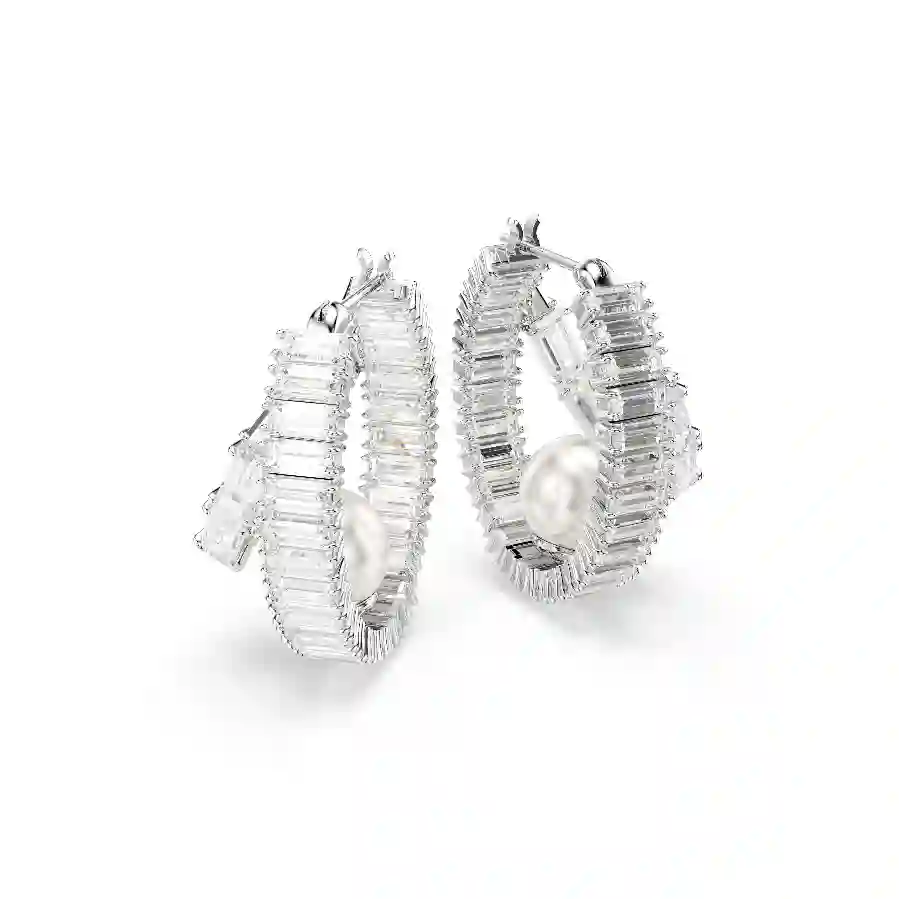 Resim Ariana Grande x Swarovski halka küpeler, Kristal inci, Baget kesim, Beyaz, Rodyum kaplama