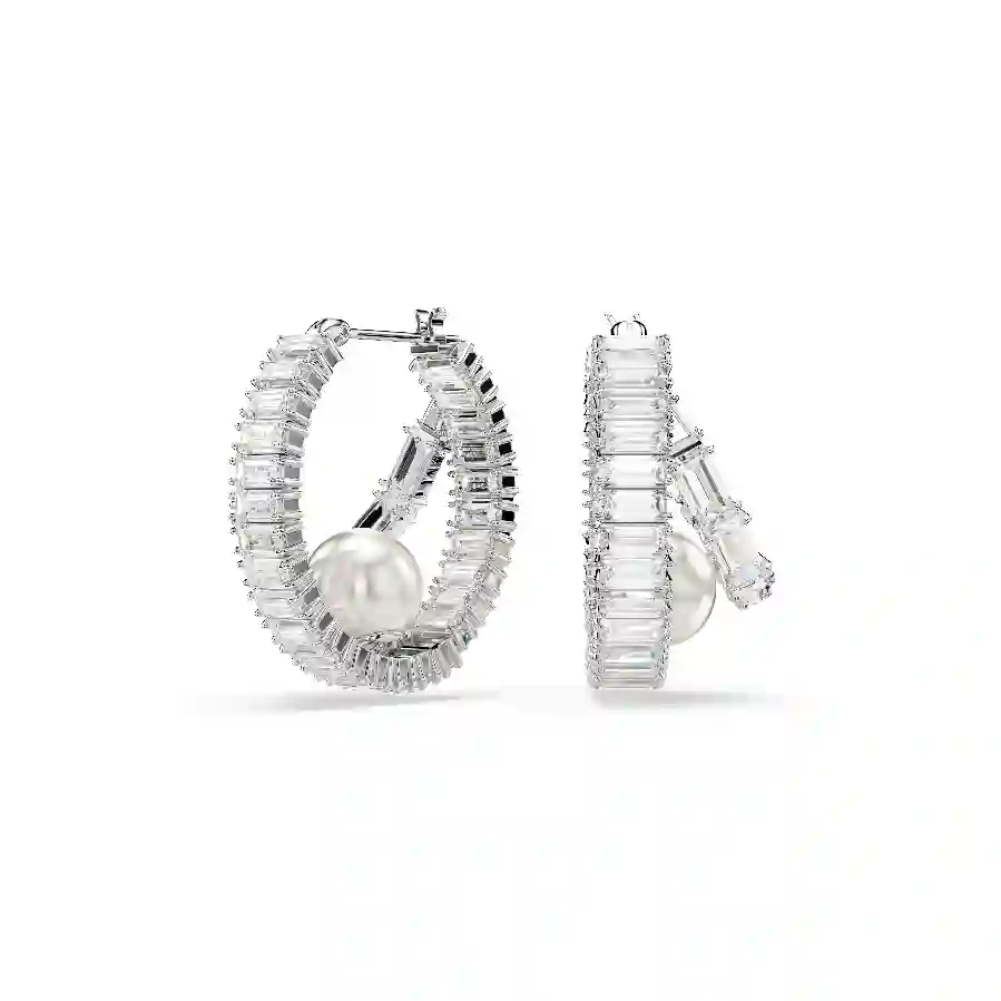 Resim Ariana Grande x Swarovski halka küpeler, Kristal inci, Baget kesim, Beyaz, Rodyum kaplama