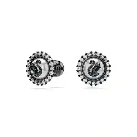 Resim Swarovski Swan düğme Küpeler, Kristal inci, Kuğu, Gri, Rutenyum kaplama
