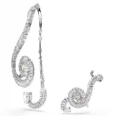 Resim Ariana Grande x Swarovski Klipsli Küpeler, Asimetrik tasarım, Kristal inci, Baget kesim, Beyaz, Rodyum kaplama