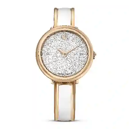 Resim Crystalline Bangle Saat, İsviçre Üretimi, Metal bileklik, Beyaz, Pembe altın rengi yüzey