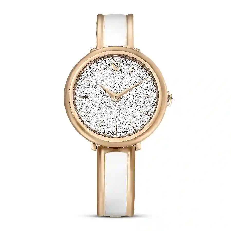 Resim Crystalline Bangle Saat, İsviçre Üretimi, Metal bileklik, Beyaz, Pembe altın rengi yüzey