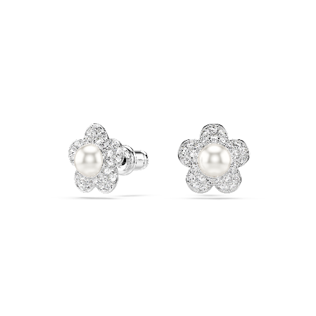 Resim Ariana Grande x Swarovski düğme Küpeler, Kristal inci, Yuvarlak kesim, Çiçek, Beyaz, Rodyum kaplama