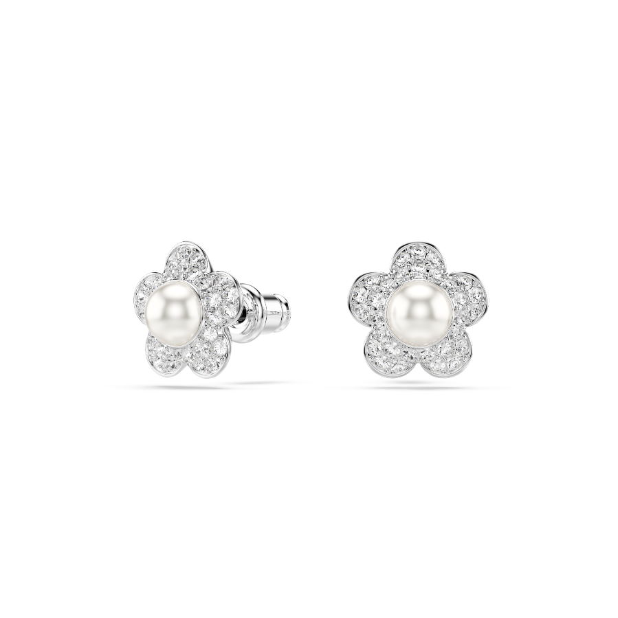 Resim Ariana Grande x Swarovski düğme Küpeler, Kristal inci, Yuvarlak kesim, Çiçek, Beyaz, Rodyum kaplama