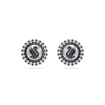 Resim Swarovski Swan düğme Küpeler, Kristal inci, Kuğu, Gri, Rutenyum kaplama