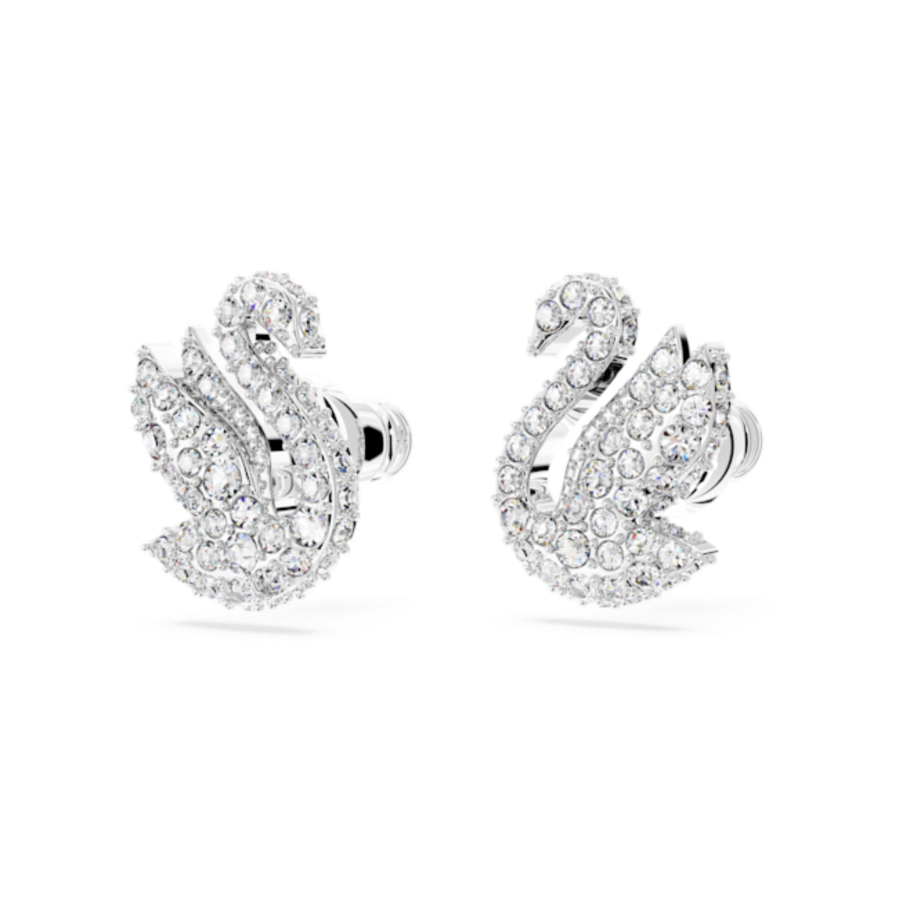 Resim Swarovski Iconic Swan düğme Küpeler, Kuğu, Beyaz, Rodyum kaplama