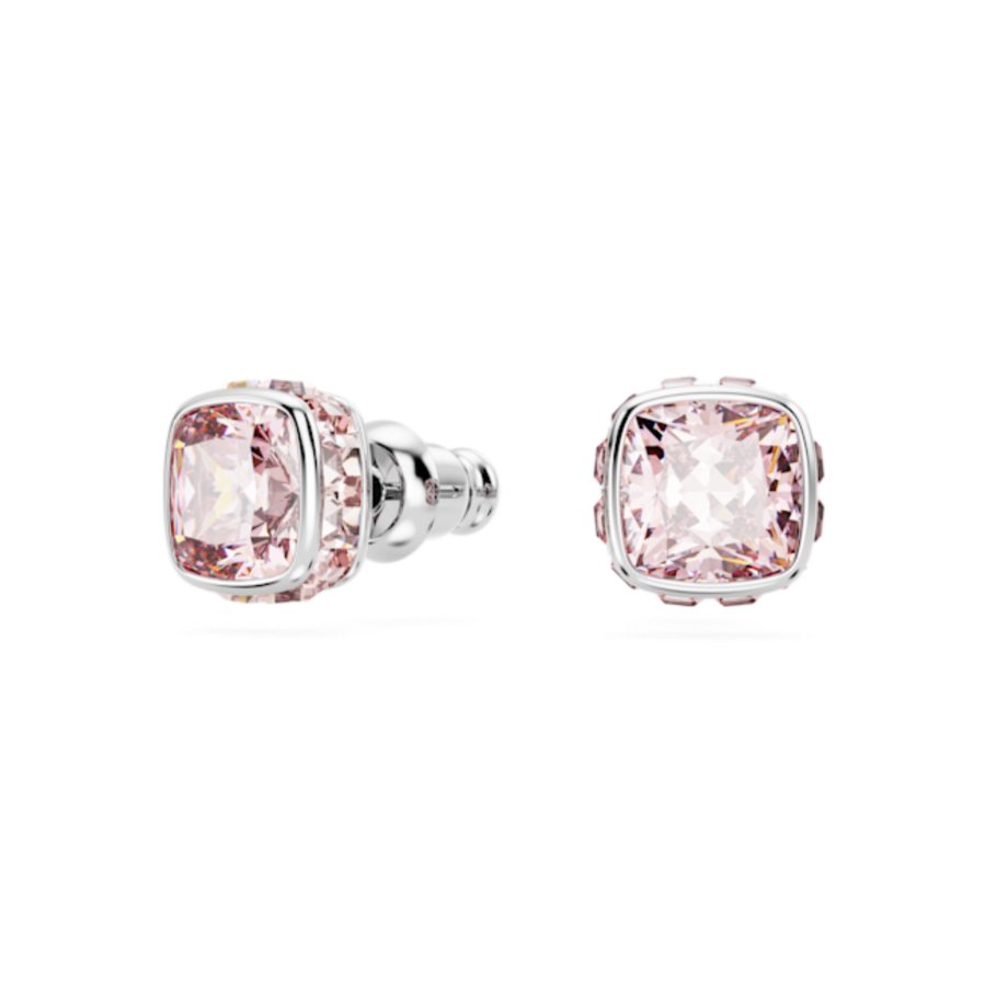 Resim Birthstone düğme Küpeler, Kare kesim, Haziran, Pembe, Rodyum kaplama