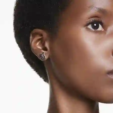 Resim Swan düğme Küpeler, Kristal inci, Kuğu, Siyah, 18k pembe altın rengi yüzey