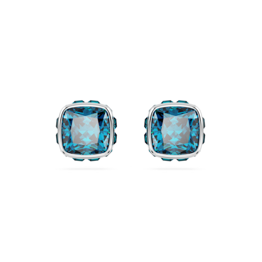 Resim Birthstone düğme Küpeler, Kare kesim, Aralık, Mavi, Rodyum kaplama