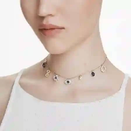 Resim Symbolica Gerdanlık, Kristal inci, Ay, sonsuzluk, yonca, nazarlık ve at nalı, Mavi, Altın rengi kaplama