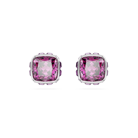 Resim Birthstone düğme Küpeler, Kare kesim, Şubat, Mor, Rodyum kaplama