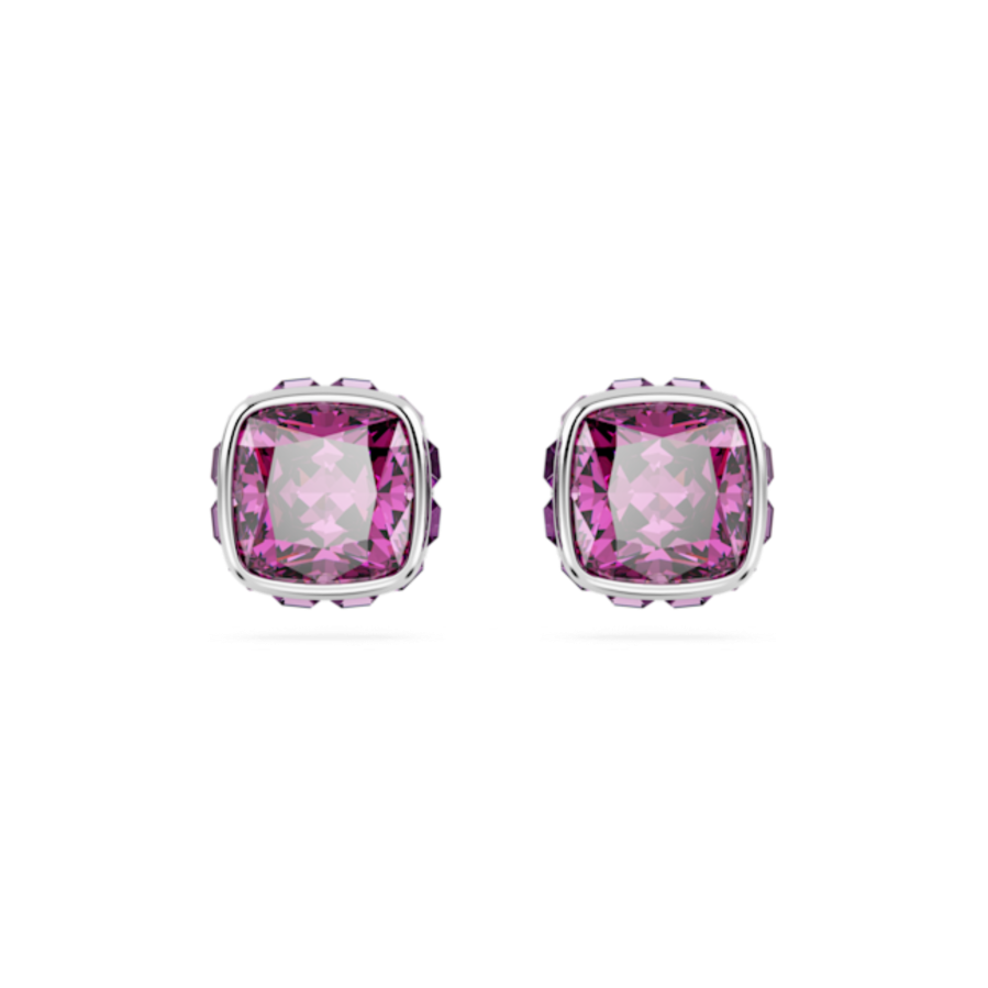 Resim Birthstone düğme Küpeler, Kare kesim, Şubat, Mor, Rodyum kaplama