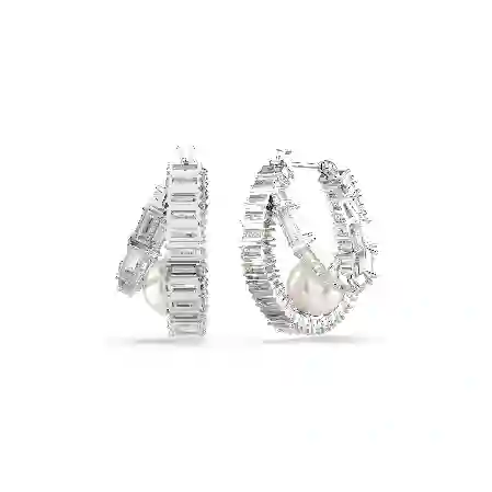 Resim Ariana Grande x Swarovski halka küpeler, Kristal inci, Baget kesim, Beyaz, Rodyum kaplama