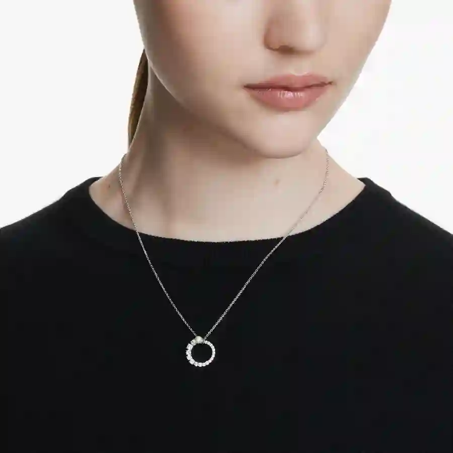 Resim Matrix Kolye, Kristal inci, Yuvarlak kesim, Beyaz, Rodyum kaplama
