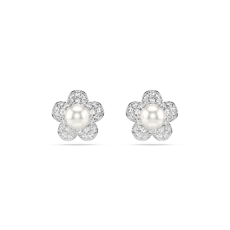 Resim Ariana Grande x Swarovski düğme Küpeler, Kristal inci, Yuvarlak kesim, Çiçek, Beyaz, Rodyum kaplama