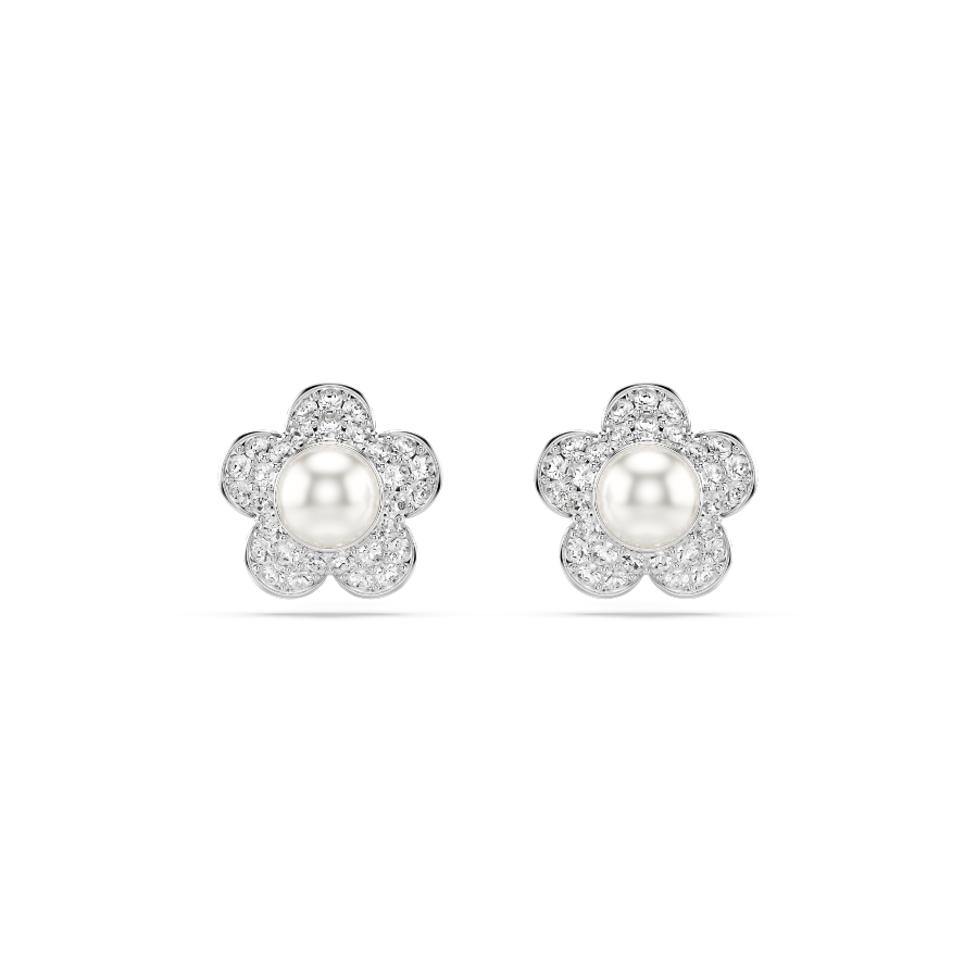 Resim Ariana Grande x Swarovski düğme Küpeler, Kristal inci, Yuvarlak kesim, Çiçek, Beyaz, Rodyum kaplama